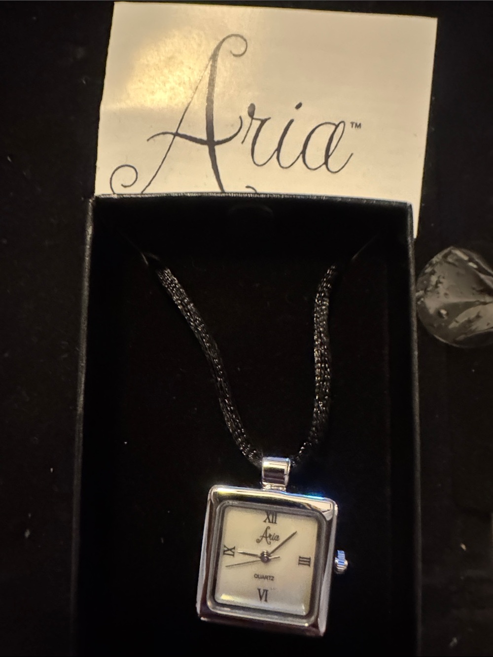 Aria Silver Square Pendant Watch Necklace with Black Cord
